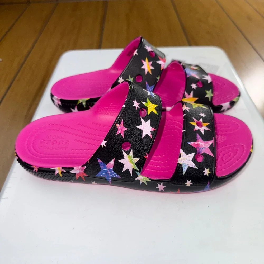 Crocs Classic Star Print Sandal‎ K Pink Black Multi Kids J4 209094-6UC NWT